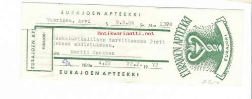 Eurajoen Apteekki   -   resepti signatuuri  1972