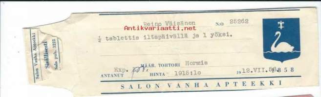 Salon Vanha Apteekki   -   resepti signatuuri  1958