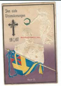 Den sista Unionskonungen Oscar II 8.12.1907 -kohopainopostikortti lippupostikortti postikortti - kulkenut 1918