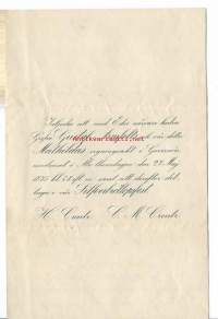Vigningsakt 27.5 1875- vihkijäiskutsu Grefve Gustaf Armfelts Mathildas Creutz i Guvernörs resident / H. Creutz ja C.M.Creutz