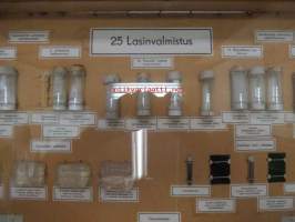 Lasinvalmistus - havaintolaatikko erilaisista lasinvalmistuksessa käytettävistä raakaineista, kemikaaleista ja prosesseista, näitä ollut käytössä koulussa
