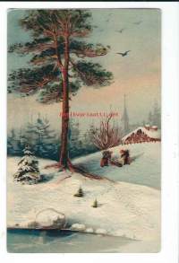 Risunkerääjät talvella vanha kohopainokortti - taidepostikortti postikortti, kulkenut nyrkkipostissa