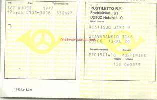 Posti- ja lennätinlaitoken sekä Postipankin henkilökunnan avustuskassa Yhteisavun säännöt ja jäsenkortti 1977