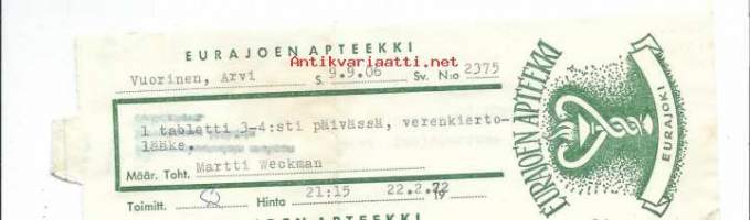 Eurajoen  Apteekki  Eurajoki  - resepti signatuuri  1972