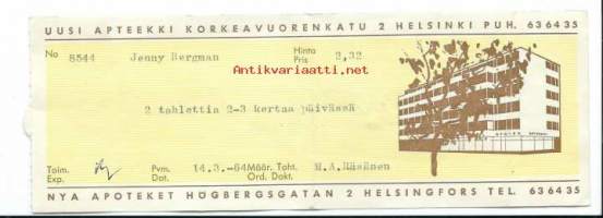 Uusi Apteekki  Korkeavuorenkatu Hki - resepti signatuuri  1964