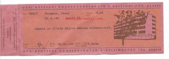 Uusi Apteekki  Korkeavuorenkatu Hki - resepti signatuuri  1965