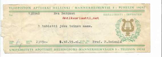 Yliopiston Apteekki  Helsinki - resepti signatuuri  1959