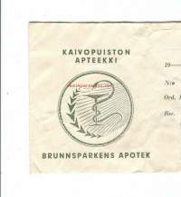 Kaivopuiston Apteekki  Helsinki - resepti signatuuri  reseptipussi 1957