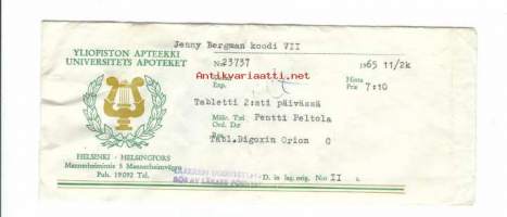 Yliopiston Apteekki  Helsinki - resepti signatuuri  reseptipussi 1965
