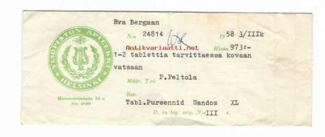 Yliopiston Apteekki  Helsinki - resepti signatuuri  reseptipussi 1958