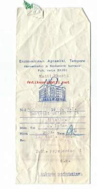 Ensimmäinen Apteekki  Tampere - resepti signatuuri  reseptipussi 1960