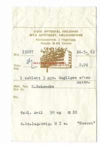 Uusi Apteekki  Helsinki -   reseptipussi resepti signatuuri  reseptilomake 1963