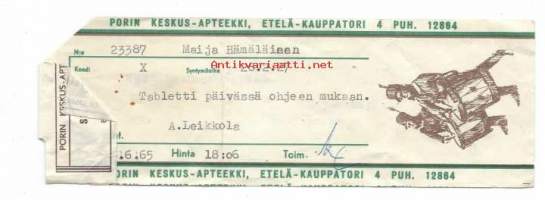 Porin Keskus-Apteekki  Pori -    resepti signatuuri  reseptilomake 1965