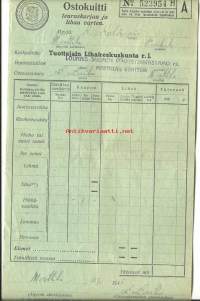 Ostokuitti teuraskarjaa ja lihaa varten - pikku vasikka Tuottajain Lihakeskuskunta/ Lounais-Suomen Osuusterastamo Marttilan konttori / K.Kylänpää Marttila