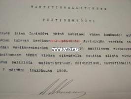 Valtionrautatiet määräyskirja Väinö Laurinen 1908 -asiakirja