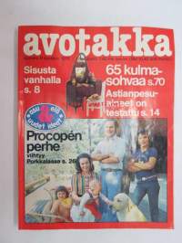 Avotakka 1976 nr 9 syyskuu, sis. mm. seur. artikkelit / kuvat / mainokset; Sisusta vanhalla, 65 kulmasohvaa, Procopé perhe viihtyy Porkkalassa (kansikuva +