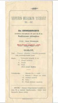 Wiipurin Musiikin Ystävät II:n Sinfoniakonsertti  1911-1912 Raatihuoneen juhlasalissa - ohjelma