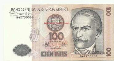 Peru 100 Intis 1985 -  seteli  /  Perun tasavalta (esp. República del Perú) eli Peru on valtio Etelä-Amerikassa. Sen rajanaapurit ovat Ecuador ja Kolumbia
