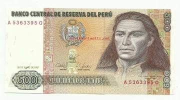 Peru 500 Intis 1985 -  seteli  /  Perun tasavalta (esp. República del Perú) eli Peru on valtio Etelä-Amerikassa. Sen rajanaapurit ovat Ecuador ja Kolumbia