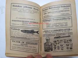 Kansanvalistusseuran Kalenteri 1922 sekä Tietokalenteri yhteensidottuna laitoksena, sis. runsaasti mainoksia, artikkeleita, tilastotietoa, rautateitten ja postin