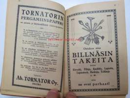 Kansanvalistusseuran Kalenteri 1922 sekä Tietokalenteri yhteensidottuna laitoksena, sis. runsaasti mainoksia, artikkeleita, tilastotietoa, rautateitten ja postin