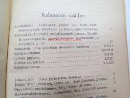 Kansanvalistusseuran Kalenteri 1922 sekä Tietokalenteri yhteensidottuna laitoksena, sis. runsaasti mainoksia, artikkeleita, tilastotietoa, rautateitten ja postin