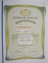 Leipurien Tukku Oy, 1 osake á 5 markkaa, Helsinki 17.5.1989 Specimen -osakekirja / share certificate
