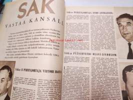 Suomen Kuvalehti 1957 nr 22, ilmestynyt 1.6.1957, sis. mm. seur. artikkelit / kuvat / mainokset; Kansikuva &quot;Eduskunta kirkkotiellä&quot;, Paulig, Karjalan puku,