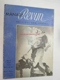 Helsingfors Journalen (Månadsrevyn) 1945 nr 11 november -bilaga till Helsingfors Journalen, innehåller bl a. följande artiklar / reklam / bilder -kuukausiliite