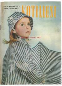 Kotiliesi 1958 nr 19 / kansi Sateenvarjotyttö, 100-vuotias, kankaanpainantaa lehtien ja oksien avulla, lammasta kasvisten kumppanian, lasten kammarin puuesineet,