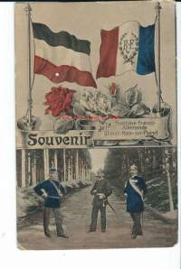 de la Frontiere  Franco - Allemande - postikortti  lippupostikortti  - kulkenut 1910 ( käsinväritetty )