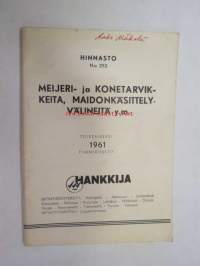 Hankkija - Meijeri- ja konetarvikkeita, maidonkäsittelyvälineitä ym. hinnasto 1961