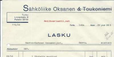 Sähköliike Oksanen (&amp;Toukoniemi) Turku 1935   -   firmalomake