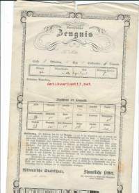 Saksankielinen todistus Bismarkche Stadsschule 1859 - todistus