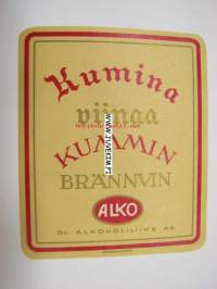 Kumina viinaa Kummin brännvin -viinaetiketti 1930-luvulta