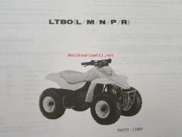 Suzuki LT80 (LM4AC11A) LT80L, LT80M, LT80N, LT80P, LT80R, Parts Catalogue -varaosaluettelo, katso mallit tarkemmin kuvista.