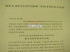 Helsingfors Aktiebank, ilmoitus Sotamarsalkka, vapaaherra Mannerheimin erosta pankin hallinnosta 2.2.1935 