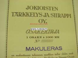 Jokioisten Tärkkelys ja Siirappi Oy, Jokioinen 1943 1 000 mk -osakekirja