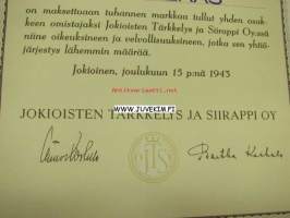 Jokioisten Tärkkelys ja Siirappi Oy, Jokioinen 1943 1 000 mk -osakekirja