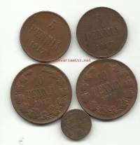 5 ja 10 penniä  1917 NII ja 1, 5 ja 10 penniä Väliaikainen hallitus  1917  5 eril