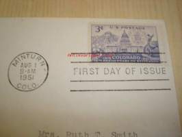 Colorado Statehood 75th Anniversary ensipäiväkuori FDC 1951 USA