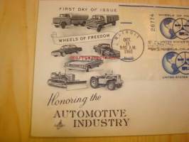 Automotive Industry Wheels of Freedom 1960 USA ensipäiväkuori FDC neljällä postimerkillä