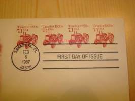 1920-luvun rautapyöräinen Traktori 1987 USA ensipäiväkuori FDC neljällä postimerkillä