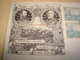 USA:n sisällisota ensipäiväkuori FDC 1937 &quot;Stonewall&quot; Jackson &amp; Robert E. Lee, neljällä postimerkillä