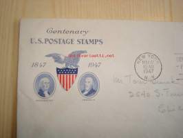 Postimerkki 100-vuotta 1847-1947 USA ensipäiväkuori FDC Centenary U.S. Postage Stamps