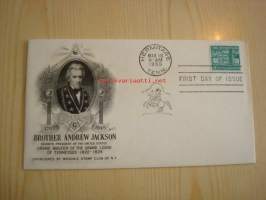 Vapaamuurari Brother Andrew Jackson Grand Master of the Grand Lodge of Tennessee 1822-1824 USA 1959 ensipäiväkuori FDC Masonic Stamp Club of N.Y. + alkuperäinen