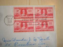 Vapaapalokunta 300-vuotta 1648-1948 USA ensipäiväkuori FDC neljällä postimerkillä