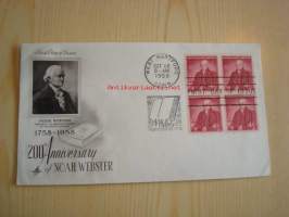 Noah Webster 200th Anniversary 1758-1958 USA ensipäiväkuori FDC neljällä postimerkillä