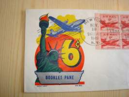 Air Mail 6 cent Booklet Paine New York 1949 USA ensipäiväkuori FDC kuudella postimerkillä vapaudenpatsas ja lentokoneaihe