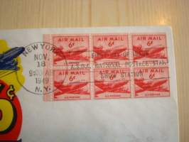 Air Mail 6 cent Booklet Paine New York 1949 USA ensipäiväkuori FDC kuudella postimerkillä vapaudenpatsas ja lentokoneaihe